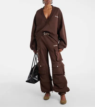 Attico Brown Cropped Sweatshirt With V Neck And Logo Lettering On The Front In Cotton Woman In Brown