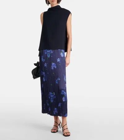 Vince Poppy Blur Plissé Midi Skirt In Blue