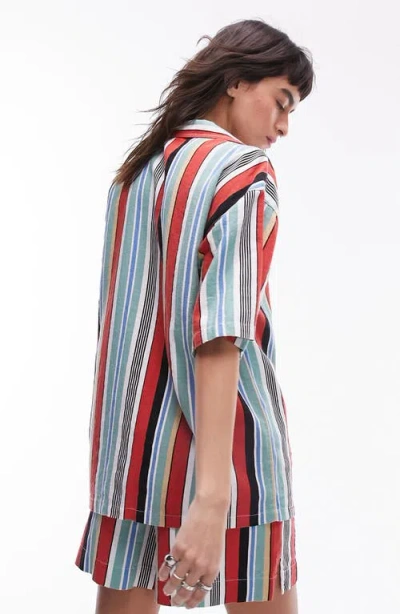 Topshop Stripe Oversize Linen Blend Button-up Shirt In Multi