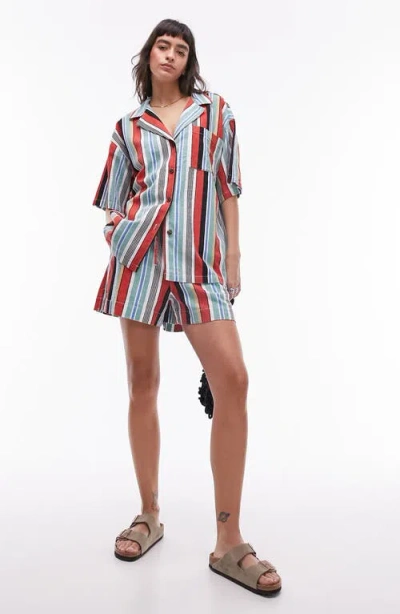 Topshop Stripe Oversize Linen Blend Button-up Shirt In Multi