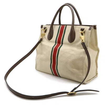 Pre-owned Gucci Sherry Line Green Light Beige Red Color Canvas Leather Shoulder Bag Tote Bag ()