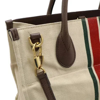 Pre-owned Gucci Sherry Line Green Light Beige Red Color Canvas Leather Shoulder Bag Tote Bag ()