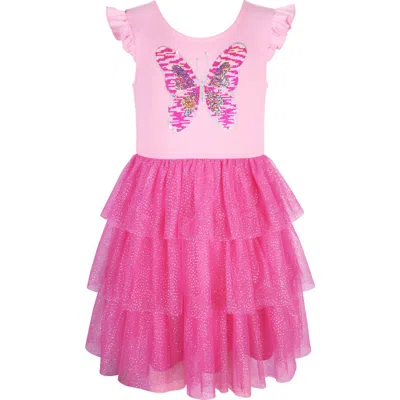 Zunie Kids' Butterfly Ruffle Sequin Tiered Dress In Pink