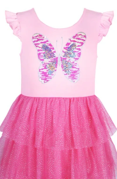 Zunie Kids' Butterfly Ruffle Sequin Tiered Dress In Pink