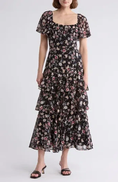 Lush Flutter Sleeve Tiered Maxi Dress In Black