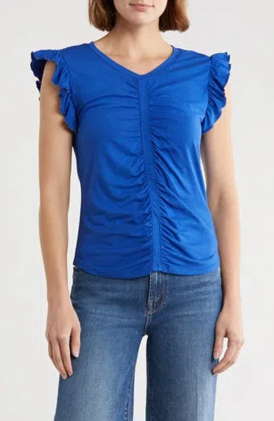 Robert Rodriguez Manon Shirred Ruffle Sleeve Top In Blue