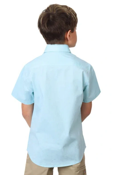 Tailorbyrd Kids' Micro Gingham Short Sleeve Stretch Cotton Button-up Shirt In Blue