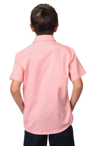 Tailorbyrd Kids' Micro Gingham Short Sleeve Stretch Cotton Button-up Shirt In Pink