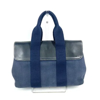 Pre-owned Hermes Navy Leather Canvas Handbag Tote Bag ()