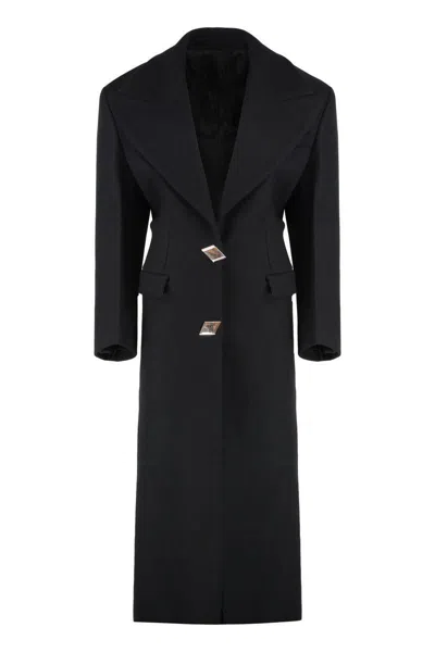 Attico Long Virgin Wool Coat With Chest Pocket In Black