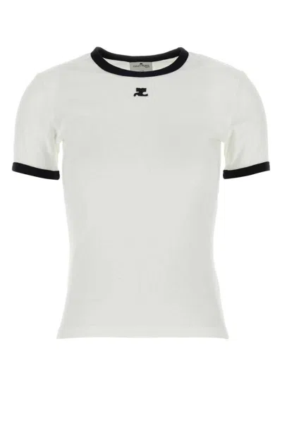 Courrèges Fitted White T-shirt With Contrasting Ribbed Trim In White