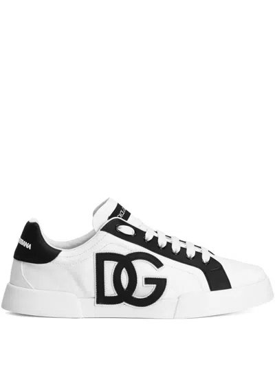 Dolce & Gabbana Portofino Light Strobel Sneakers In Canvas And Calfskin In White