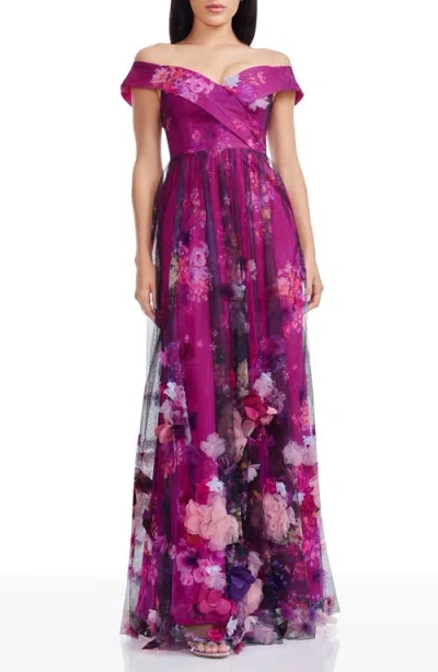 Dress The Population Aurea Floral Print Off The Shoulder Gown In Multi