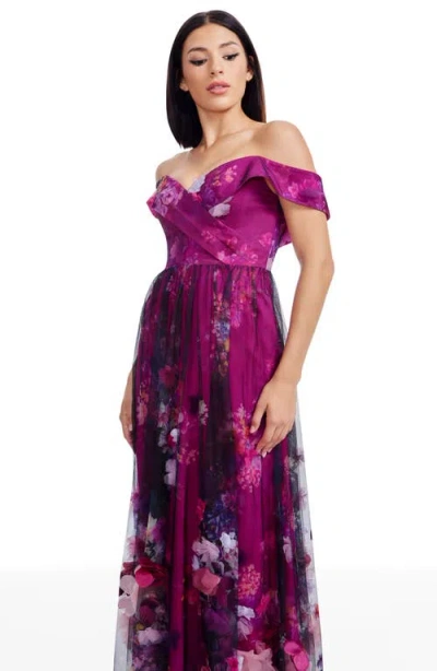 Dress The Population Aurea Floral Print Off The Shoulder Gown In Multi