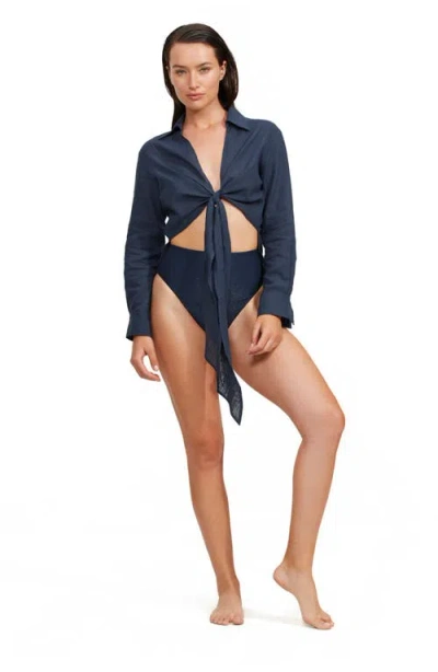 Luma Gottex High Low Collared Front Tie Blouse Cover Up