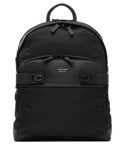 Ferragamo Durable Black Backpack With Leather Accents In Black