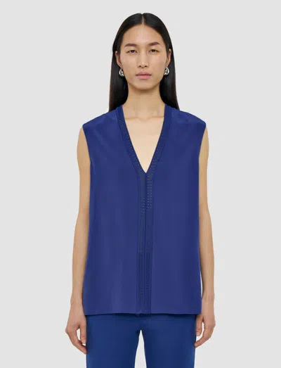 Joseph Womens Cobalt Louis Knitted-trim Silk-crepe Blouse