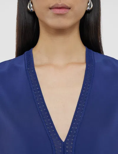 Joseph Womens Cobalt Louis Knitted-trim Silk-crepe Blouse