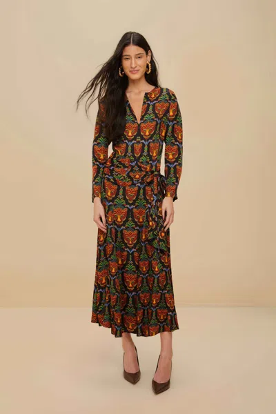 Farm Rio Active Black Boho Panther Lenzing Ecovero Viscose Midi Dress