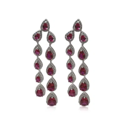 Michael Nash Jewelry Women's Red / Silver Pink Ruby Pear Cubic Zirconium Drop Earrings Set In Sterling Silver