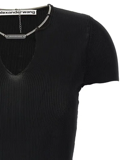 Alexander Wang Ribbed Texture V Neck Chain Detail Top In Black
