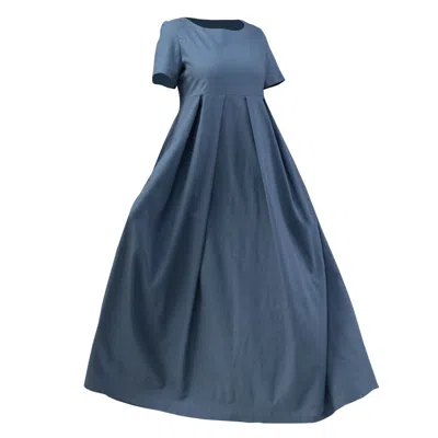 Nikka Place Maxi Linen Maternity Dress With Short Sleeves And Empire Waist In Slate Blue Color