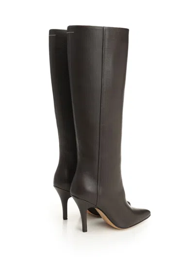 Mm6 Maison Margiela Mm6 By Maison Margiela Pointed Toe Knee-high Boot With White Stitch Detail In Black