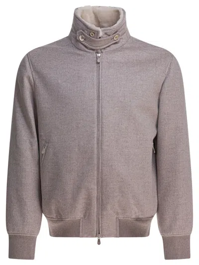 Brunello Cucinelli High Collar Ribbed Hem Button Side Pockets In Gray