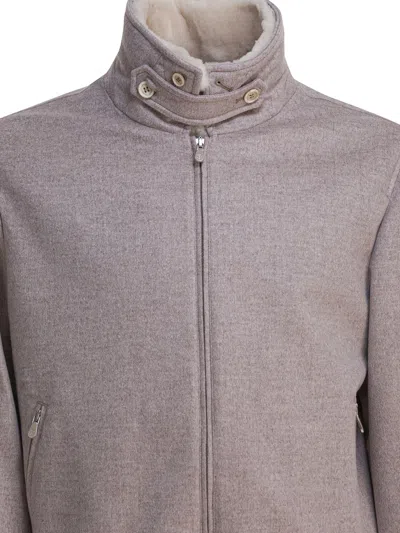 Brunello Cucinelli High Collar Ribbed Hem Button Side Pockets In Gray
