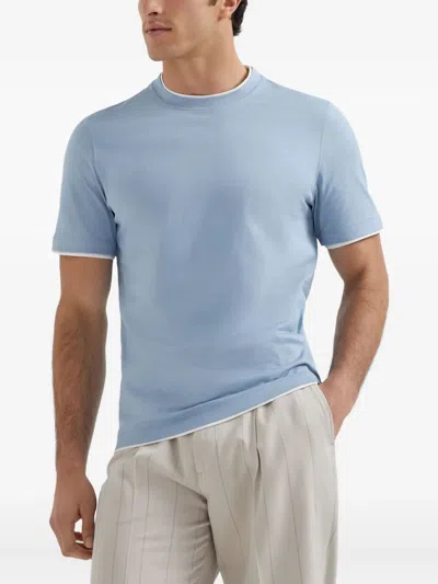 Brunello Cucinelli Cotton Jersey Crew Neck T-shirt With Faux-layering In Blue
