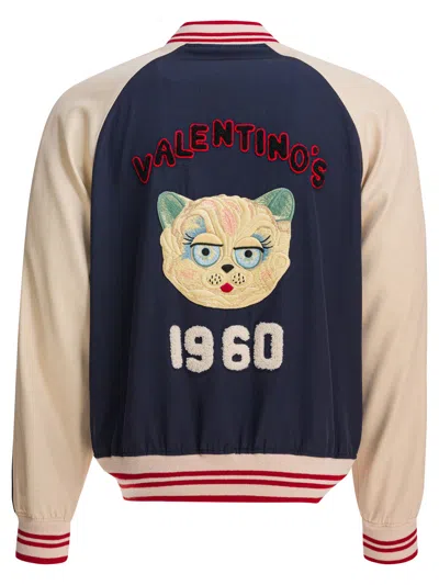 Valentino Sporty Bomber Jacket With Embroidered Details In Blue