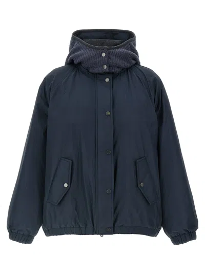 Brunello Cucinelli Puffer Jackets With Hood And Pockets In Blue