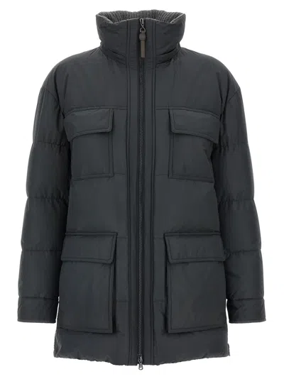Brunello Cucinelli Knitted Neck Down Jacket Puffer Jackets Gray In Black