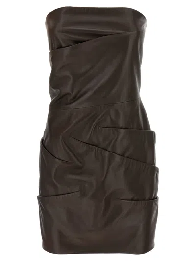 Attico Strapless Leather Dress With Layered Textured Finish In Brown