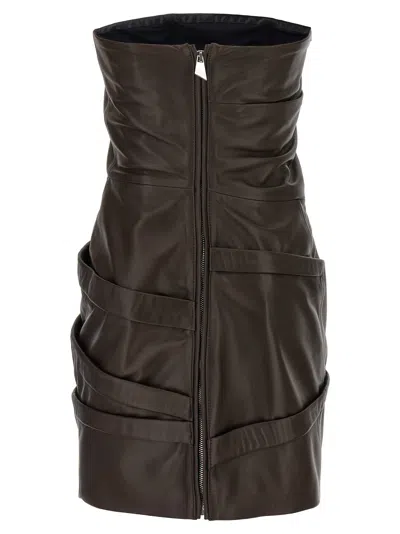 Attico Strapless Leather Dress With Layered Textured Finish In Brown