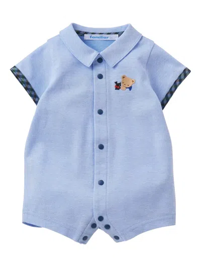 Familiar Bear-embroidered Short-sleeved Romper In Blue