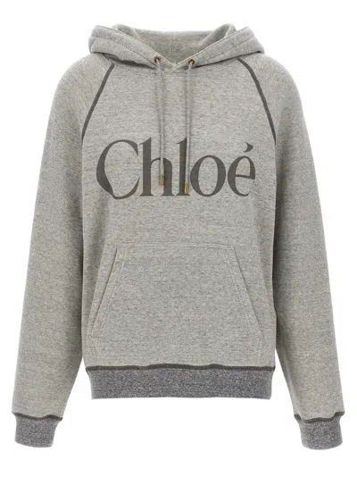 Chloé Hooded Cotton Blend Sweatshirt With Kangaroo Pocket In Gray