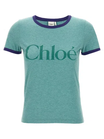 Chloé Green Crewneck T-shirt With Logo Lettering Print On The Front In Cotton Woman In Green