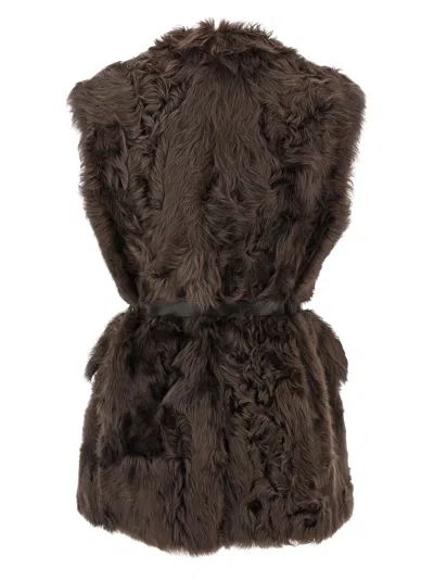 Brunello Cucinelli Capretta Lamb Shearling Belted Vest In Brown