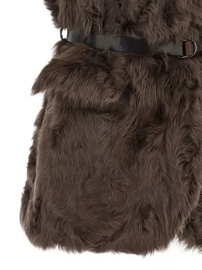 Brunello Cucinelli Capretta Lamb Shearling Belted Vest In Brown