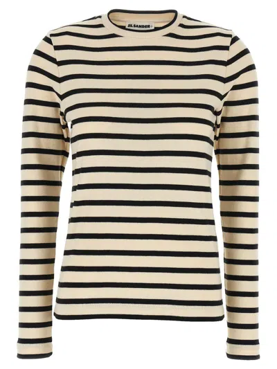 Jil Sander Fine Ribbed Off-white And Black Crew Neck Sweater
