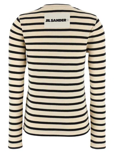 Jil Sander Fine Ribbed Off-white And Black Crew Neck Sweater