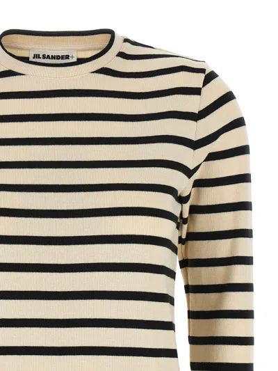 Jil Sander Fine Ribbed Off-white And Black Crew Neck Sweater