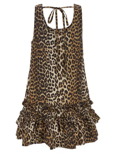 Ganni Brown Leopard Cotton Poplin Mini Dress