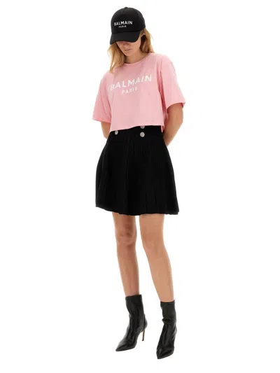Balmain Women Logo Organic Cotton Cropped T-shirt In Pink