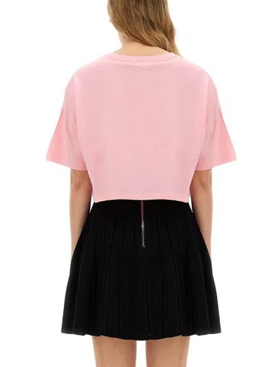 Balmain Women Logo Organic Cotton Cropped T-shirt In Pink