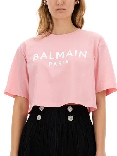 Balmain Women Logo Organic Cotton Cropped T-shirt In Pink