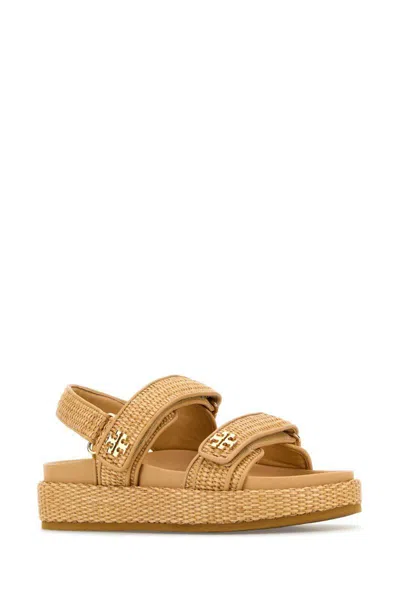 Tory Burch Raffia Kira Open Toe Textured Sole Sandals In Brown