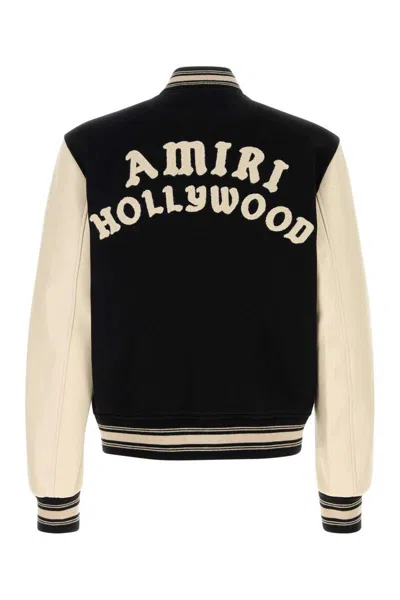 Amiri Mens Hollywood Embroidered-text Wool-leather Blend Bomber Jacket Black Xl In Black