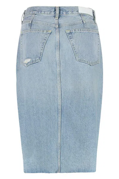 Re/done Denim Skirt With Back Pockets And Front Slit In Blue